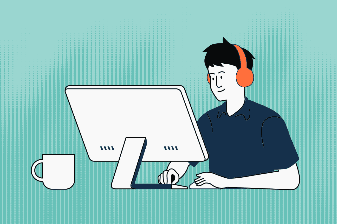 Person managing website content on desktop with coffee