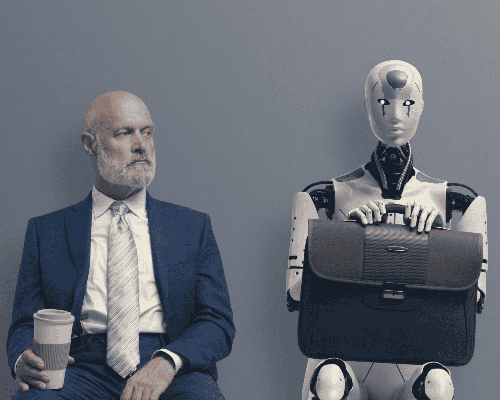 Man next to a robot in line for a job interview